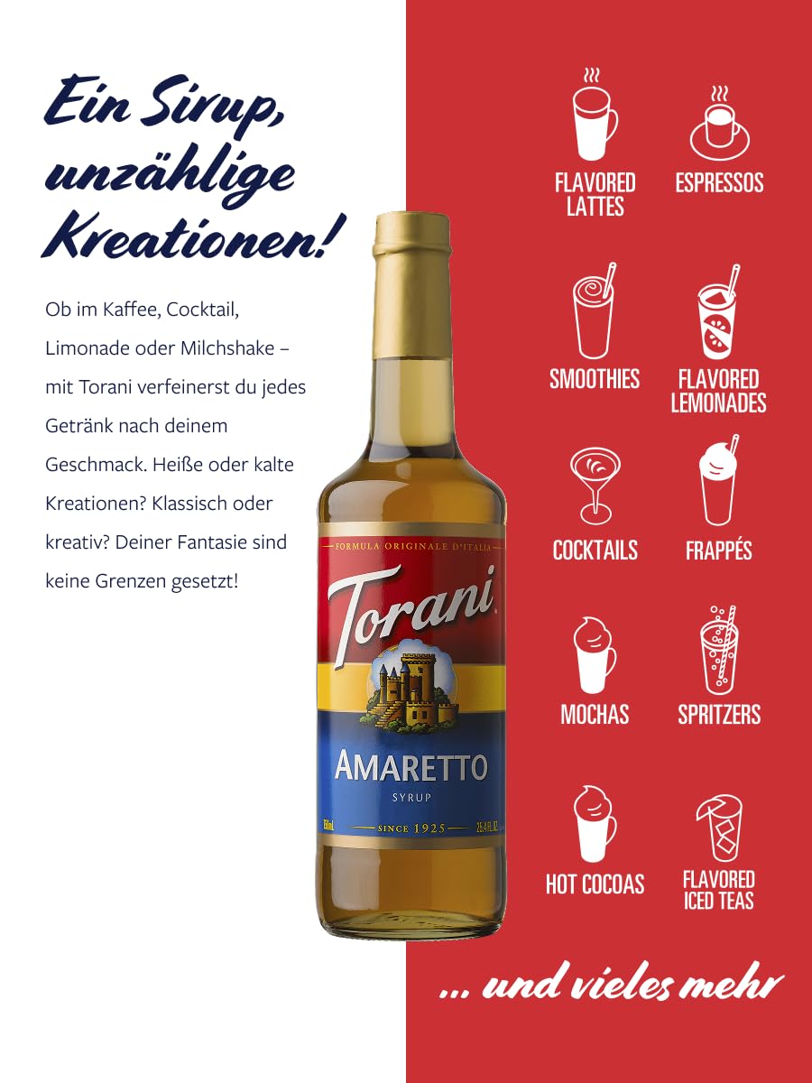 Torani Amaretto Syrup with ice and glass, ideal for iced teas.