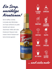 Torani Amaretto Syrup with ice and glass, ideal for iced teas.