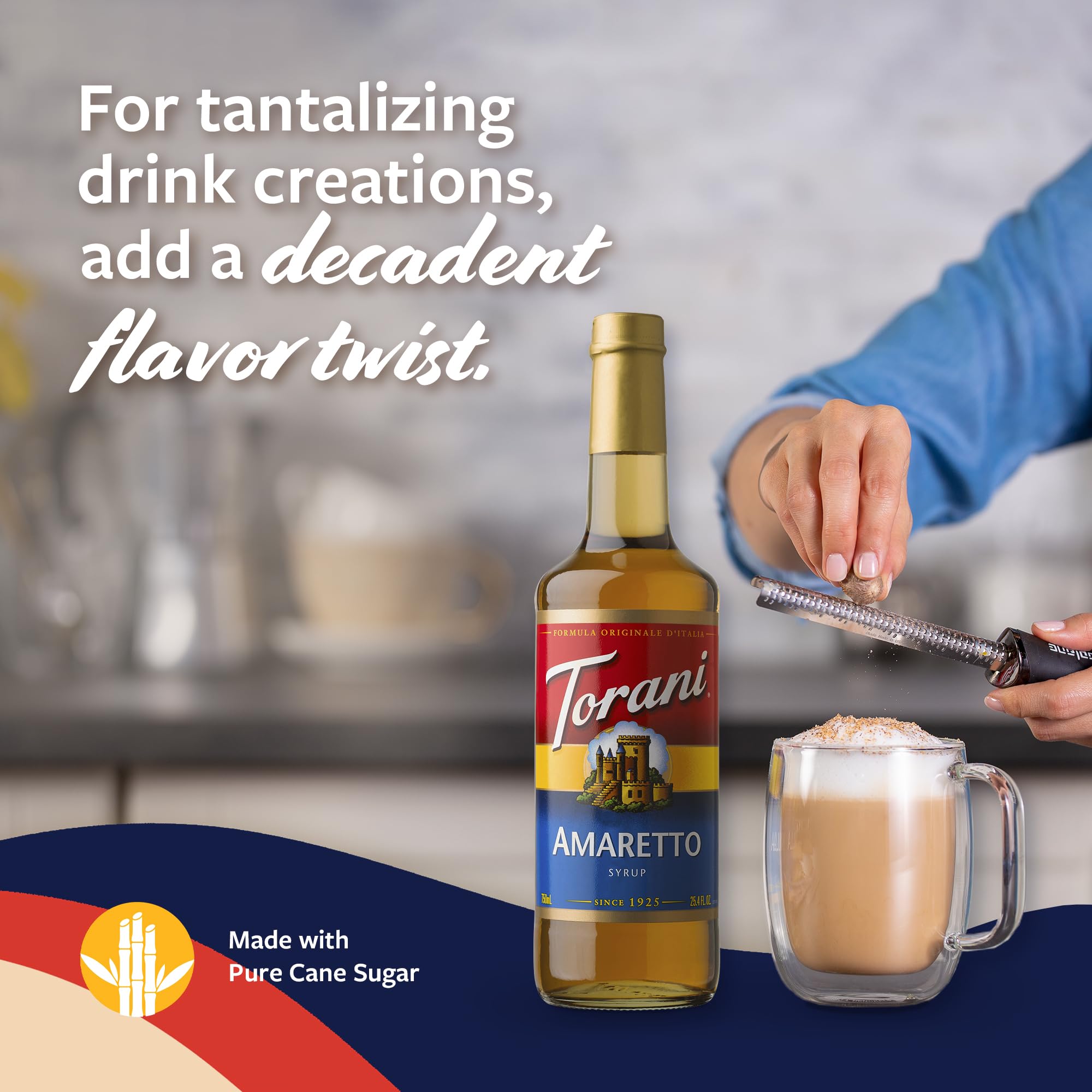 Torani Amaretto syrup being poured into coffee for a fragrant latte.