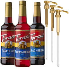Torani Berry Lovers Raspberry Pour highlights vibrant color for refreshing beverages.