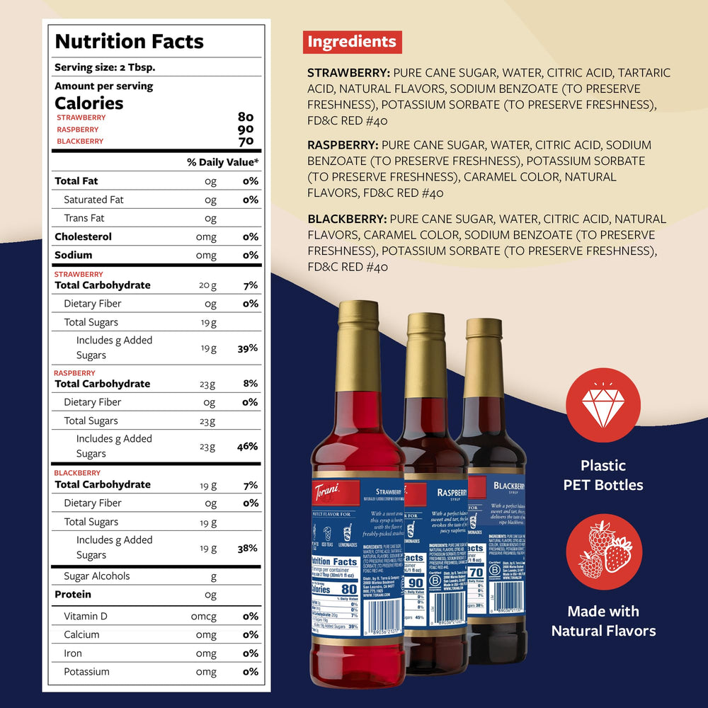 Torani Berry Lovers Strawberry Bottle showcases versatile flavor for cocktails and mocktails.