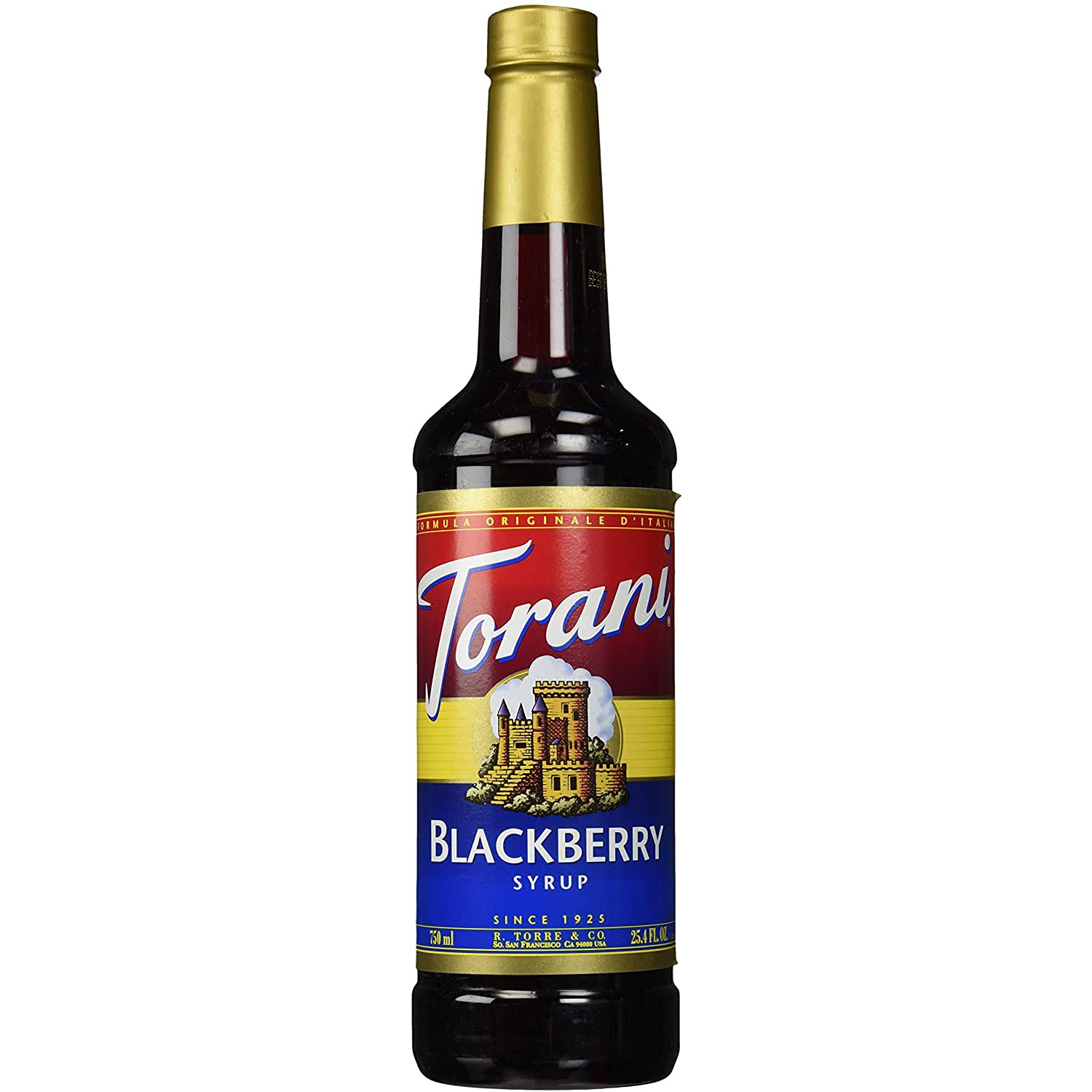 Torani Blackberry Syrup bottle front showing rich berry flavor for drinks