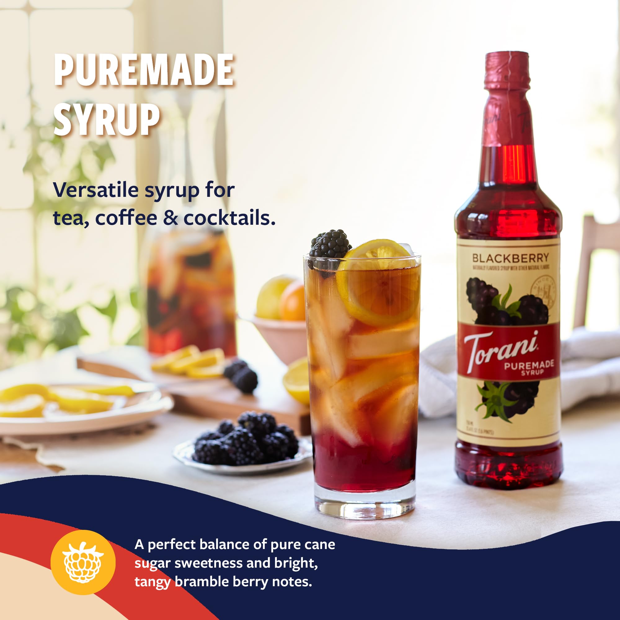 Torani Blackberry Syrup in lemonade glass for tart-sweet balance.