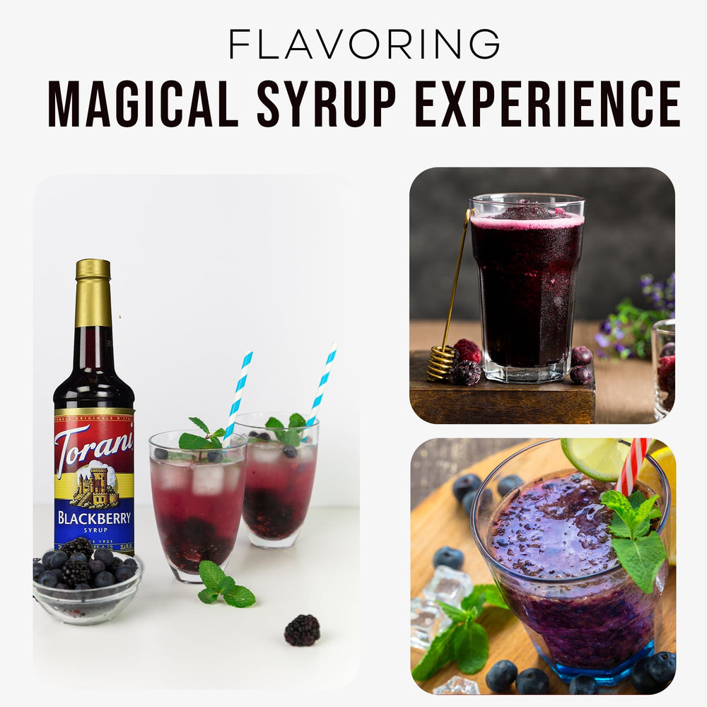 Torani Blackberry syrup pour reveals rich color and aroma.