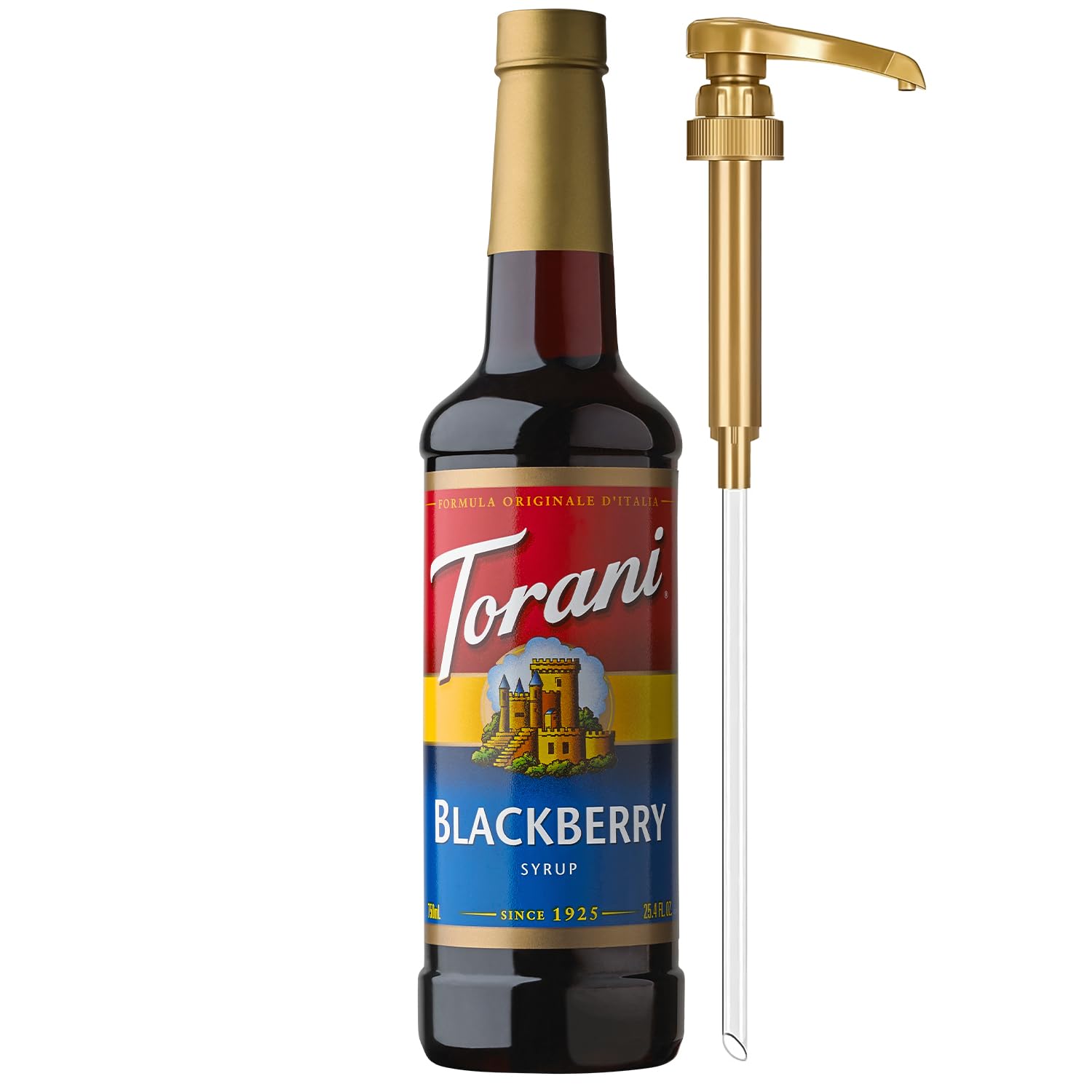 Torani Blackberry Syrup bottle with pump for precise, mess-free pouring