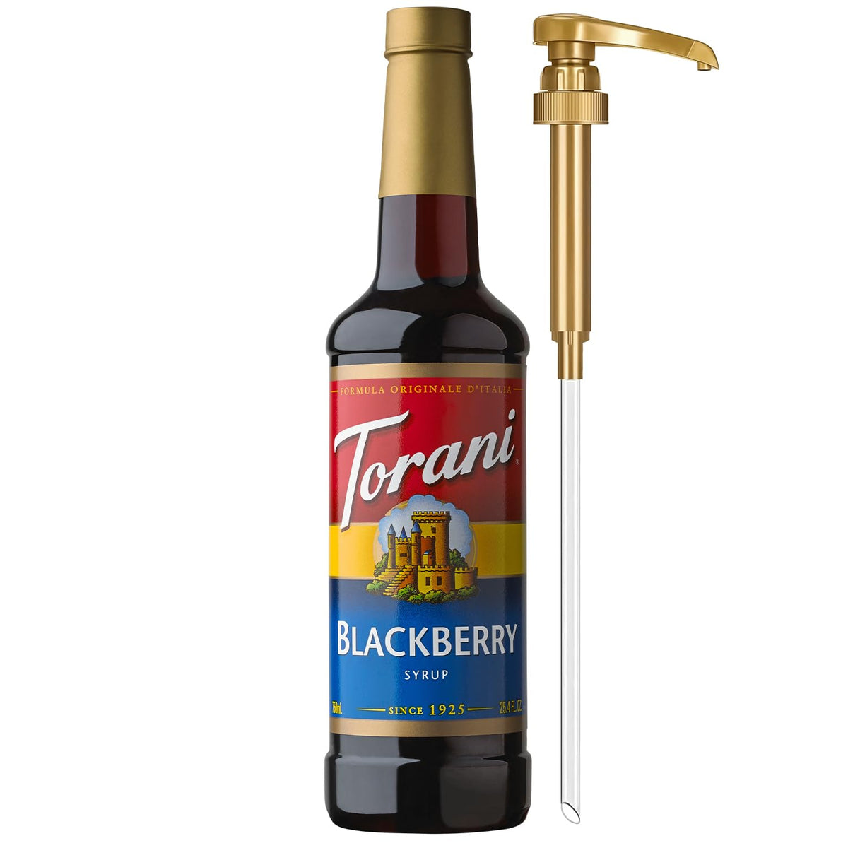 Torani Blackberry Syrup bottle with pump for precise, mess-free pouring