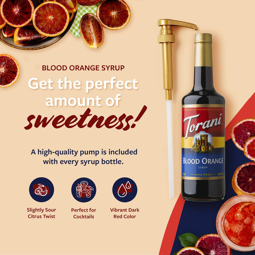 Torani Blood Orange Syrup glass bottle highlights natural flavors for home bar use.