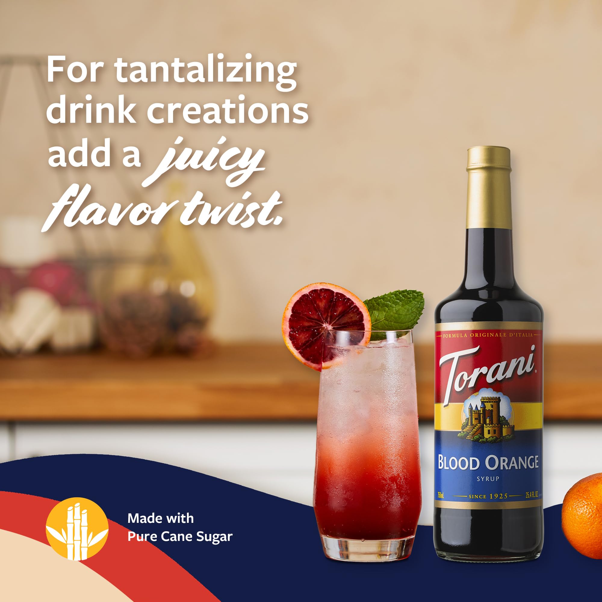 Torani Blood Orange Syrup label closeup shows ingredients and citrus notes.