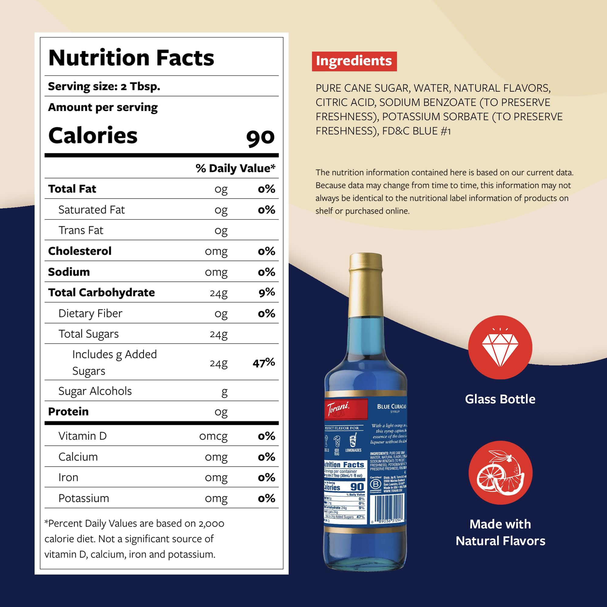 Closeup of Torani Blue Curacao Syrup bottle showing premium packaging.