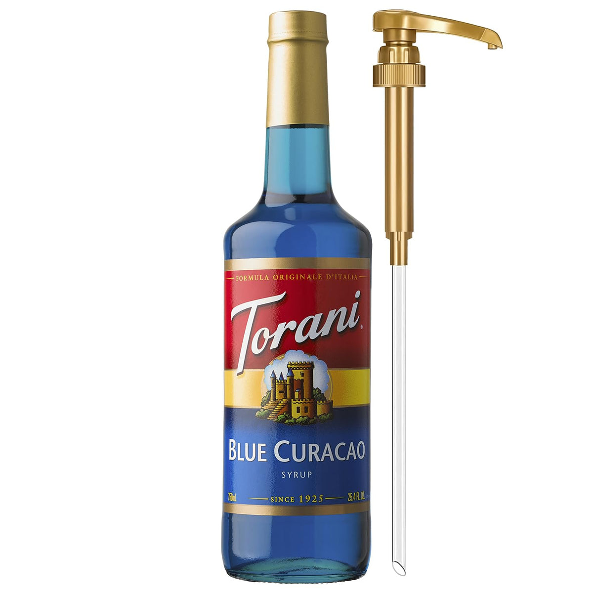 Torani Blue Curacao Syrup bottle with pump for easy, mess-free flavoring.