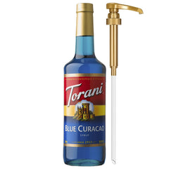 Torani Blue Curacao Syrup bottle with pump for easy, mess-free flavoring.