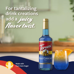 Dispensing pump with Torani syrup enables precise flavoring in beverages.