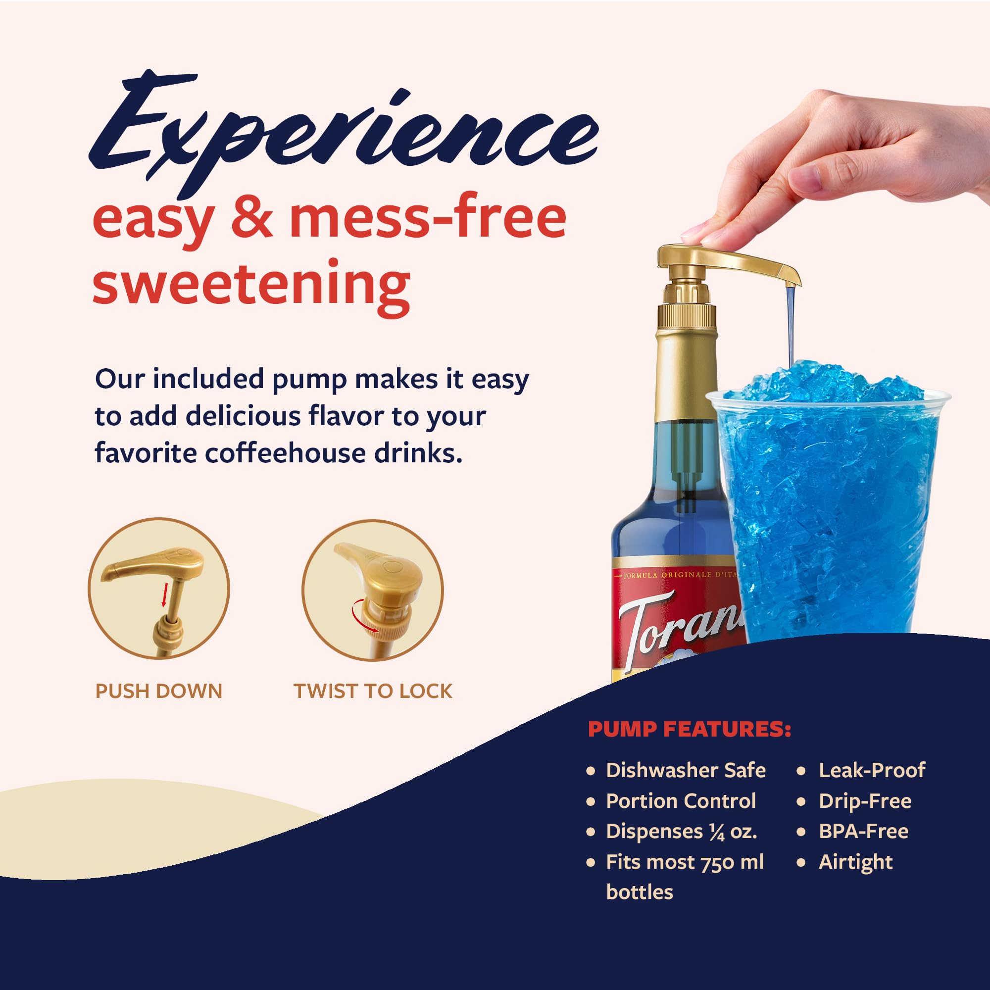 Glass bottle display of Torani syrup ideal for cafés and home bars.