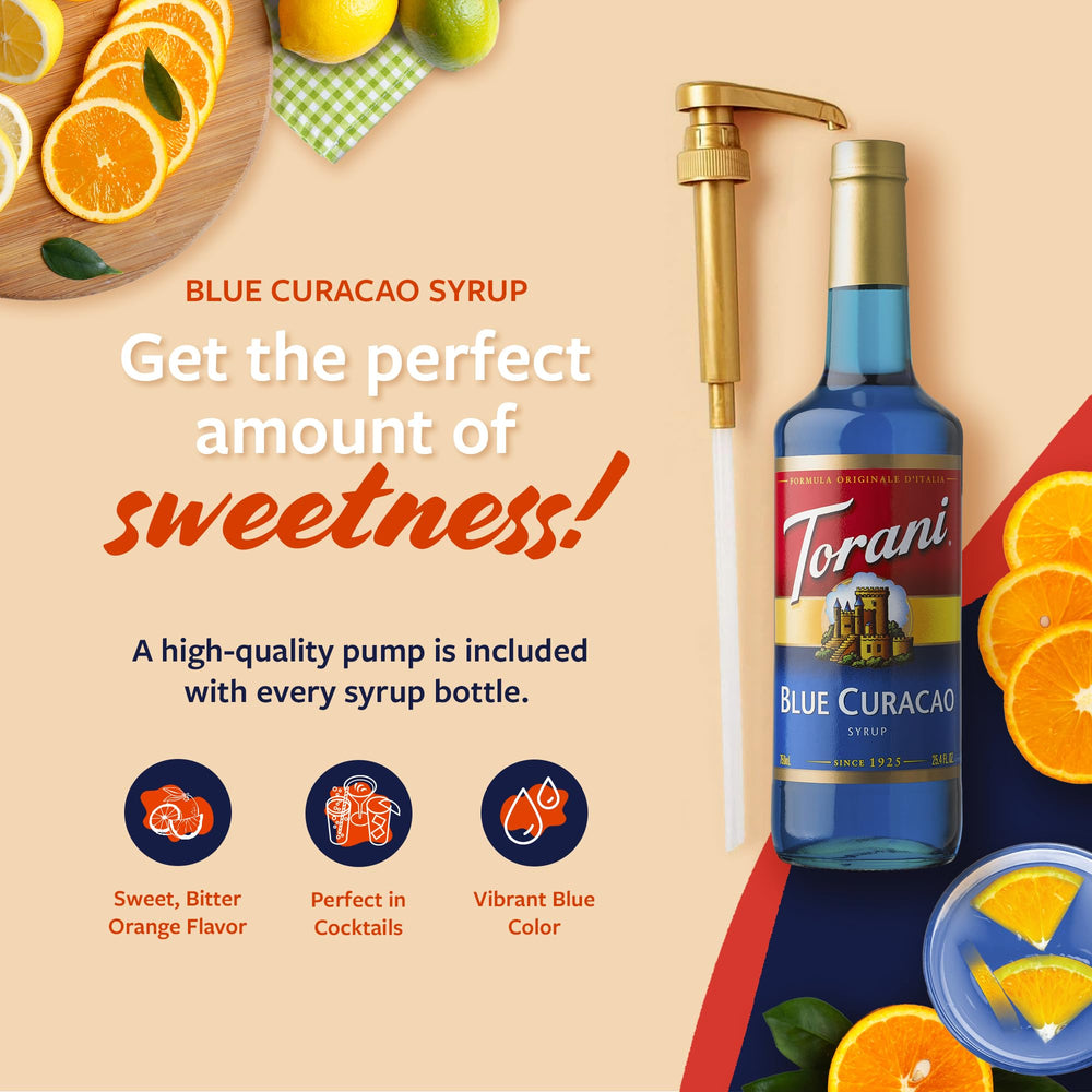 Liquid splash of Torani Blue Curacao Syrup highlighting vibrant color and versatility.