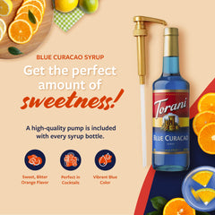 Liquid splash of Torani Blue Curacao Syrup highlighting vibrant color and versatility.
