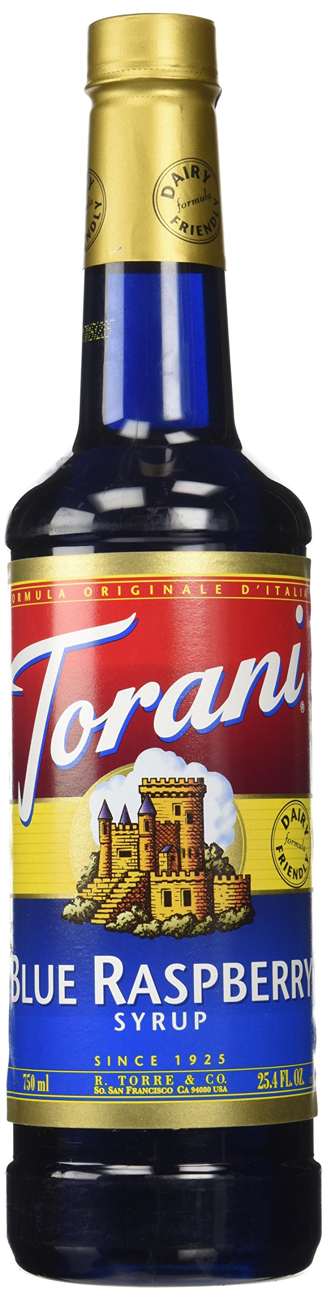 Torani Blue Raspberry Syrup bottle front, vibrant color for drinks