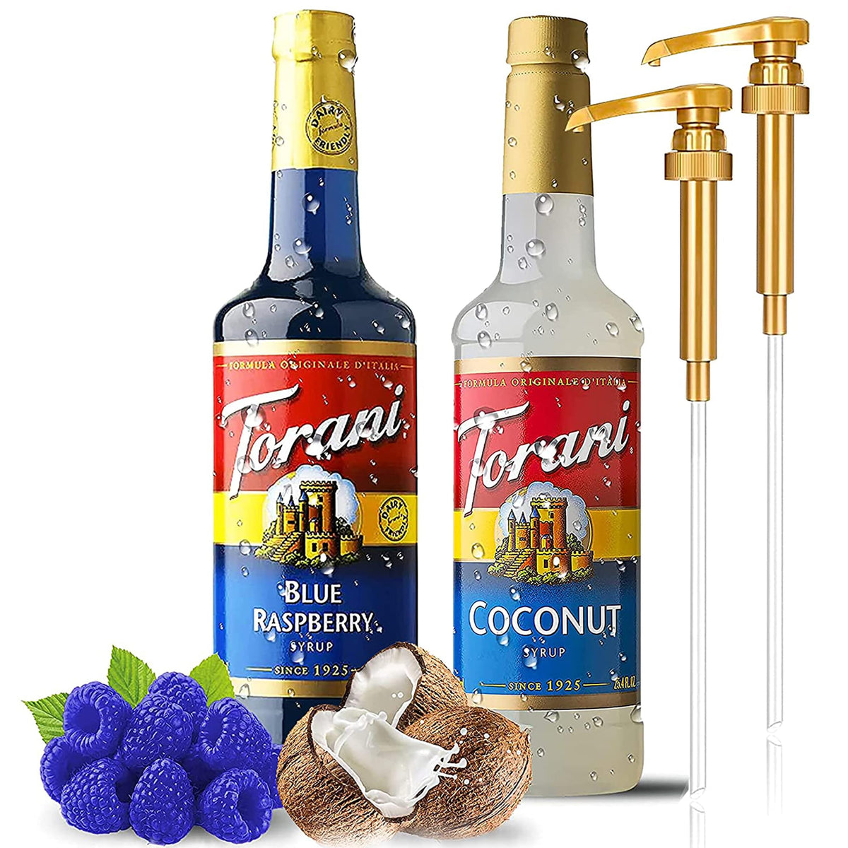 Torani Blue Raspberry syrup bottle with pump for vibrant coffee flavor