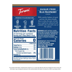 Torani Blue Raspberry Syrup bottle side profile with 25.4 oz packaging.