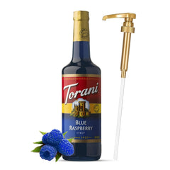 Torani Blue Raspberry Syrup bottle ready for quick flavoring of beverages.