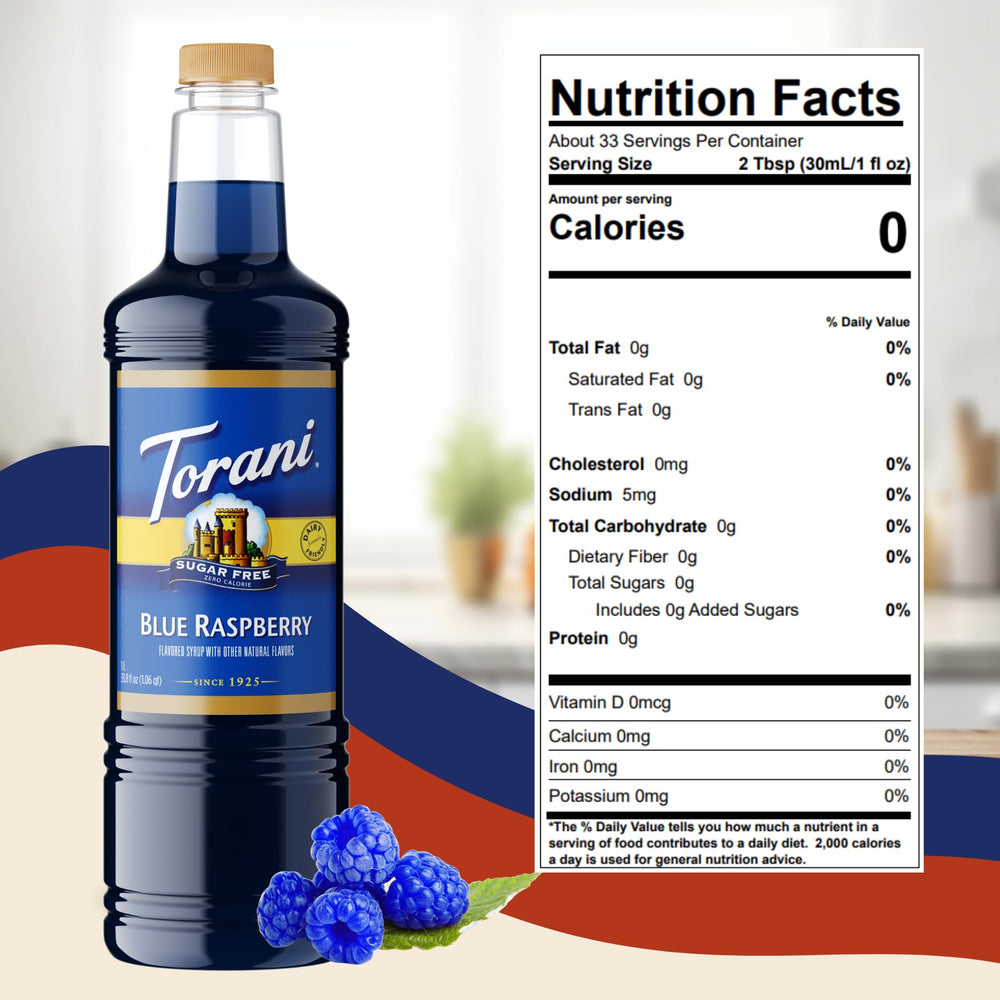 Torani blue raspberry syrup added to coffee for a bold, keto-friendly twist.