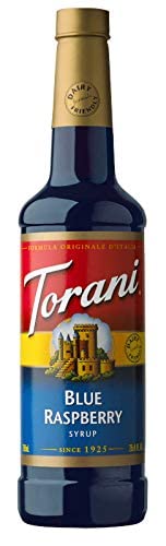 Close-up of Torani label highlighting natural flavors and cane sugar.