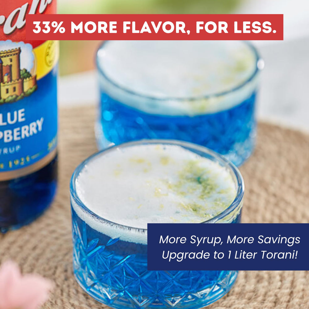 Torani Blue Raspberry color enhances drinks with vibrant visual appeal.