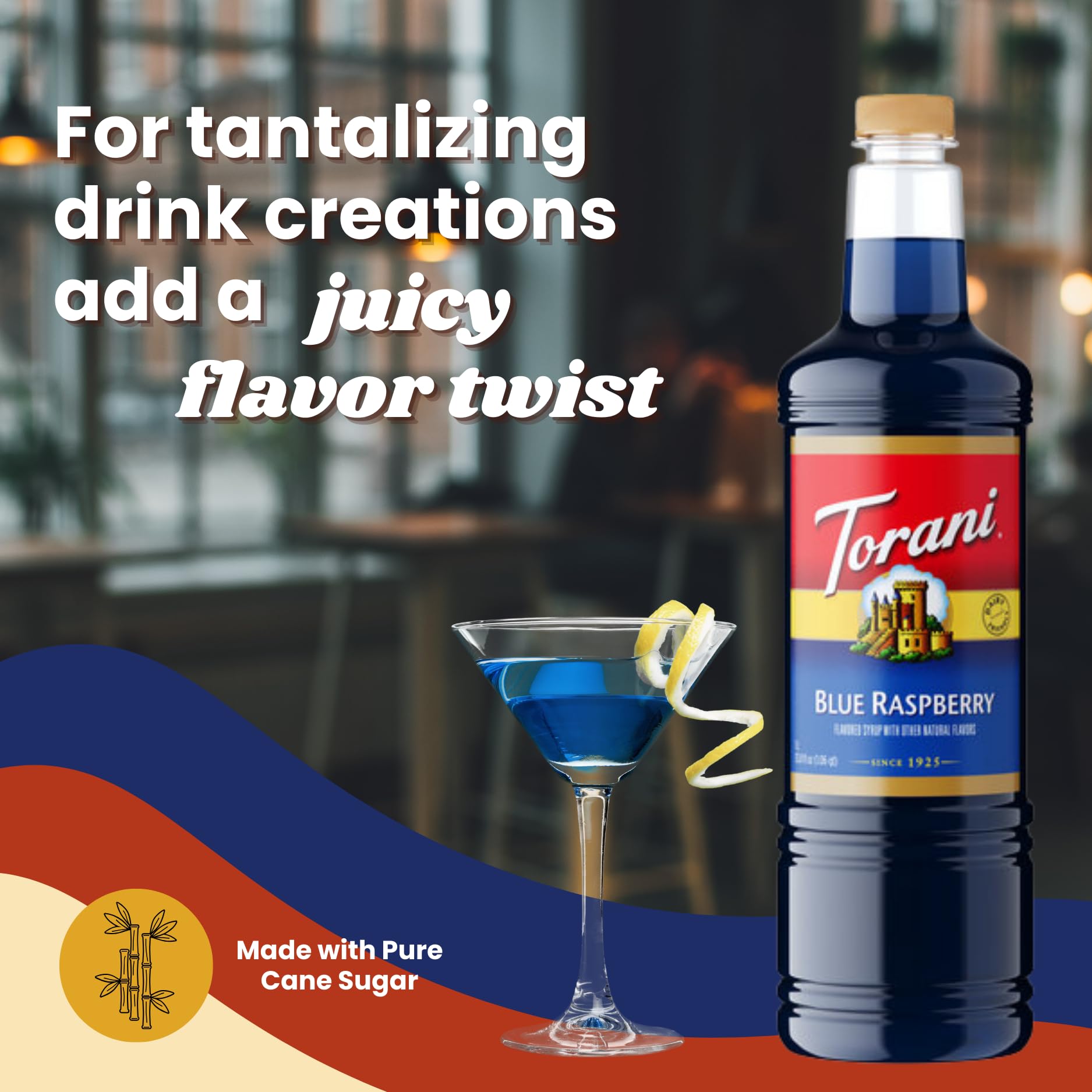 Torani Blue Raspberry dessert topping brightens cakes and ice cream.