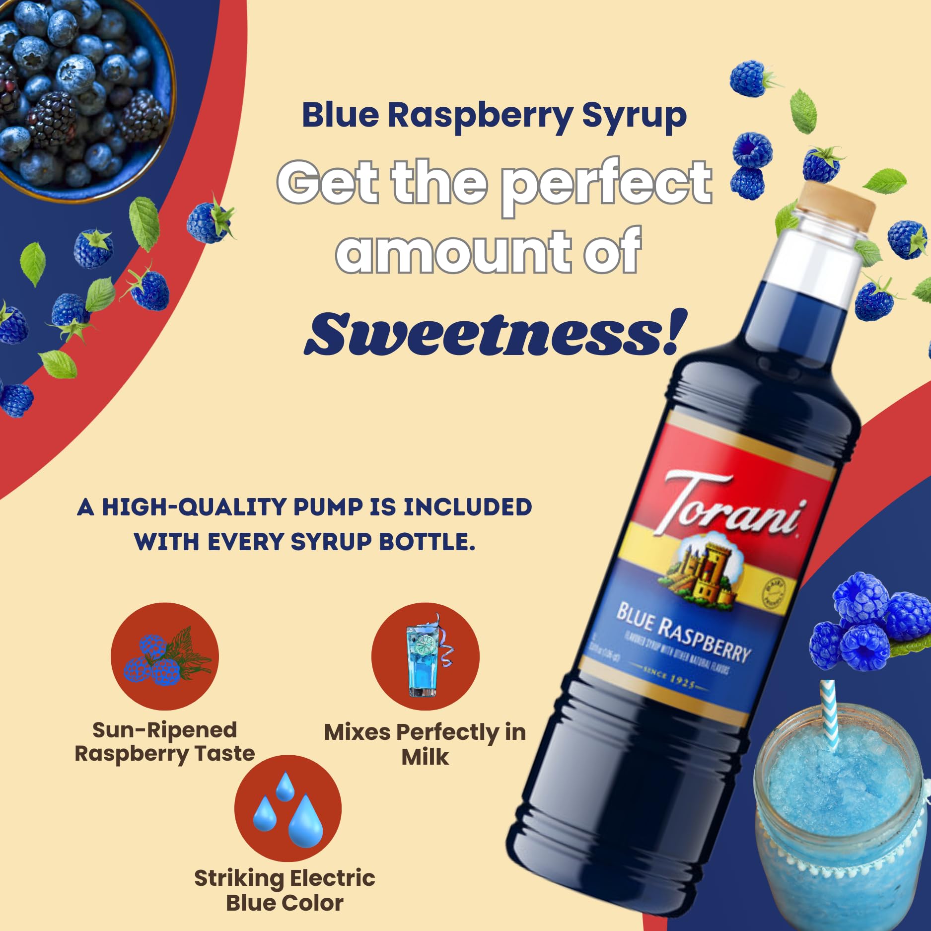 Torani syrup bottle preserves freshness with airtight seal.