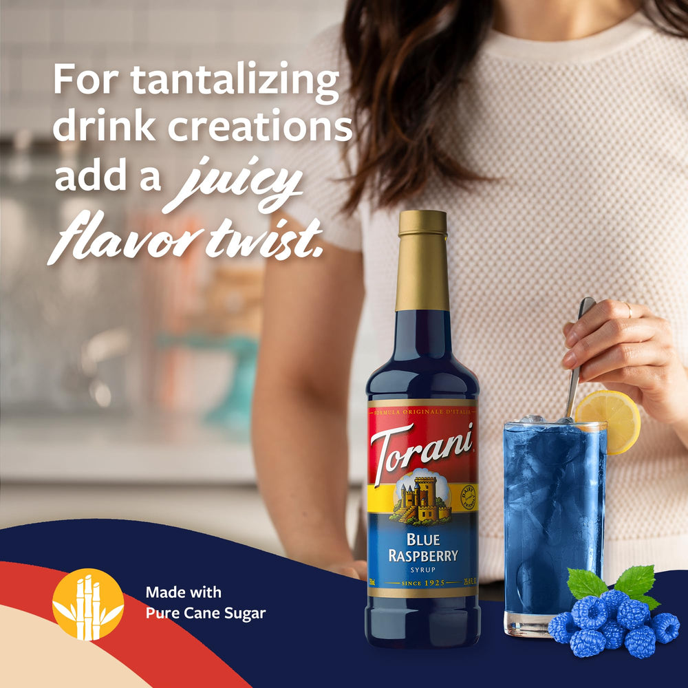 Pouring Torani Blue Raspberry into a glass to color a drink