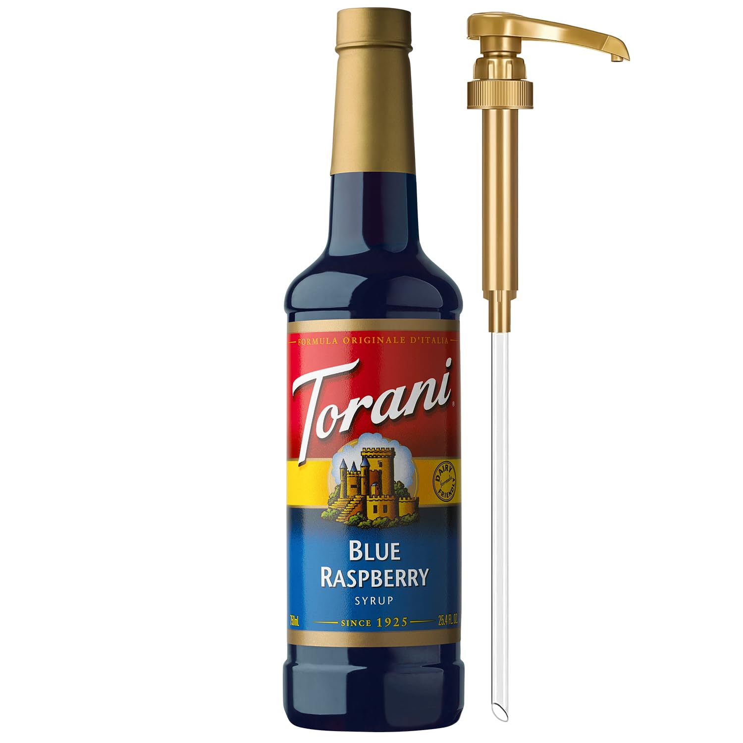 Torani Blue Raspberry Syrup bottle with pump for easy, mess-free flavoring