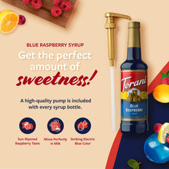 Torani Blue Raspberry Syrup pump in use for controlled pouring