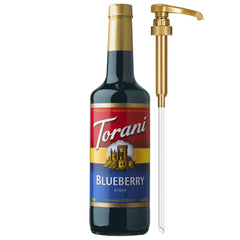 Torani Blueberry Syrup bottle with pump for precise, mess-free sweetness.