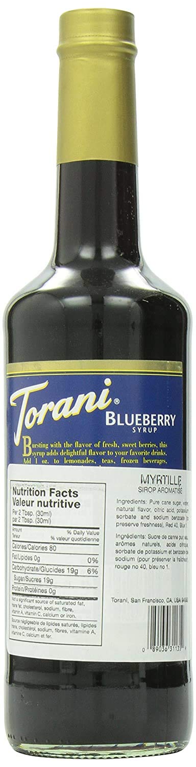 Torani syrup bottle with blueberries, ideal for lattes and desserts.