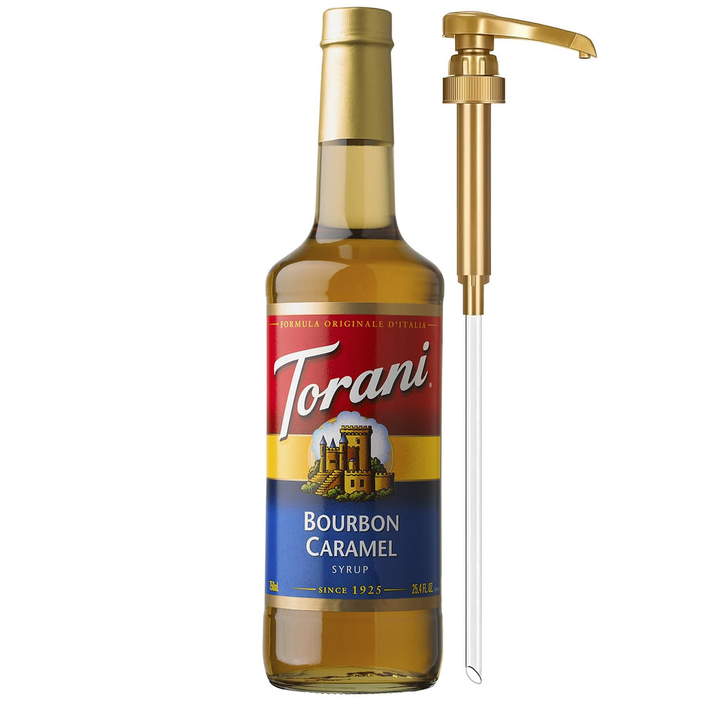 Torani Bourbon Caramel Syrup bottle with pump for mess-free, controlled sweetening.