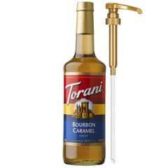 Torani Bourbon Caramel Syrup bottle with pump for mess-free, controlled sweetening.