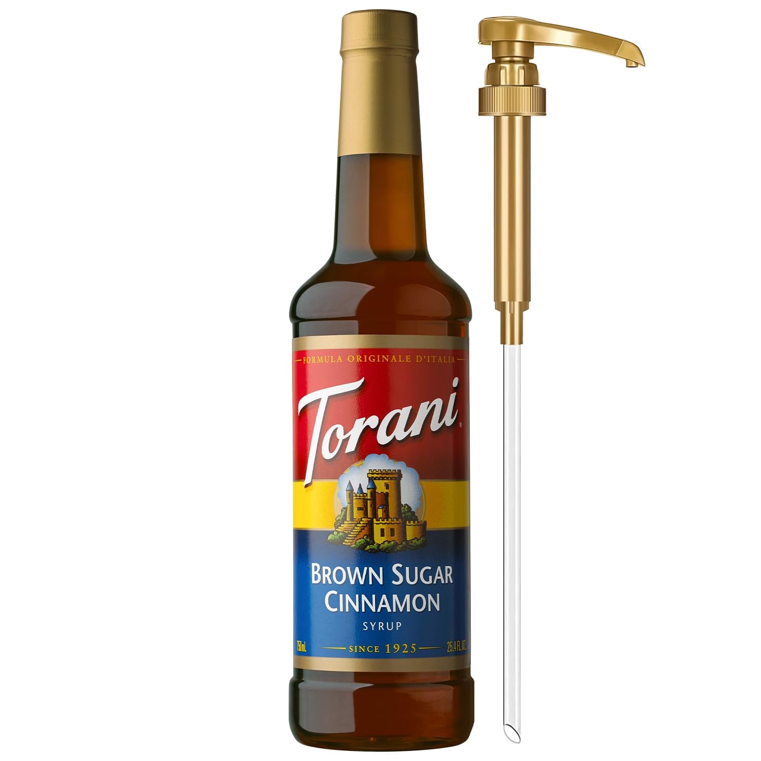 Torani Brown Sugar Cinnamon Coffee Syrup with pump for mess-free flavoring.