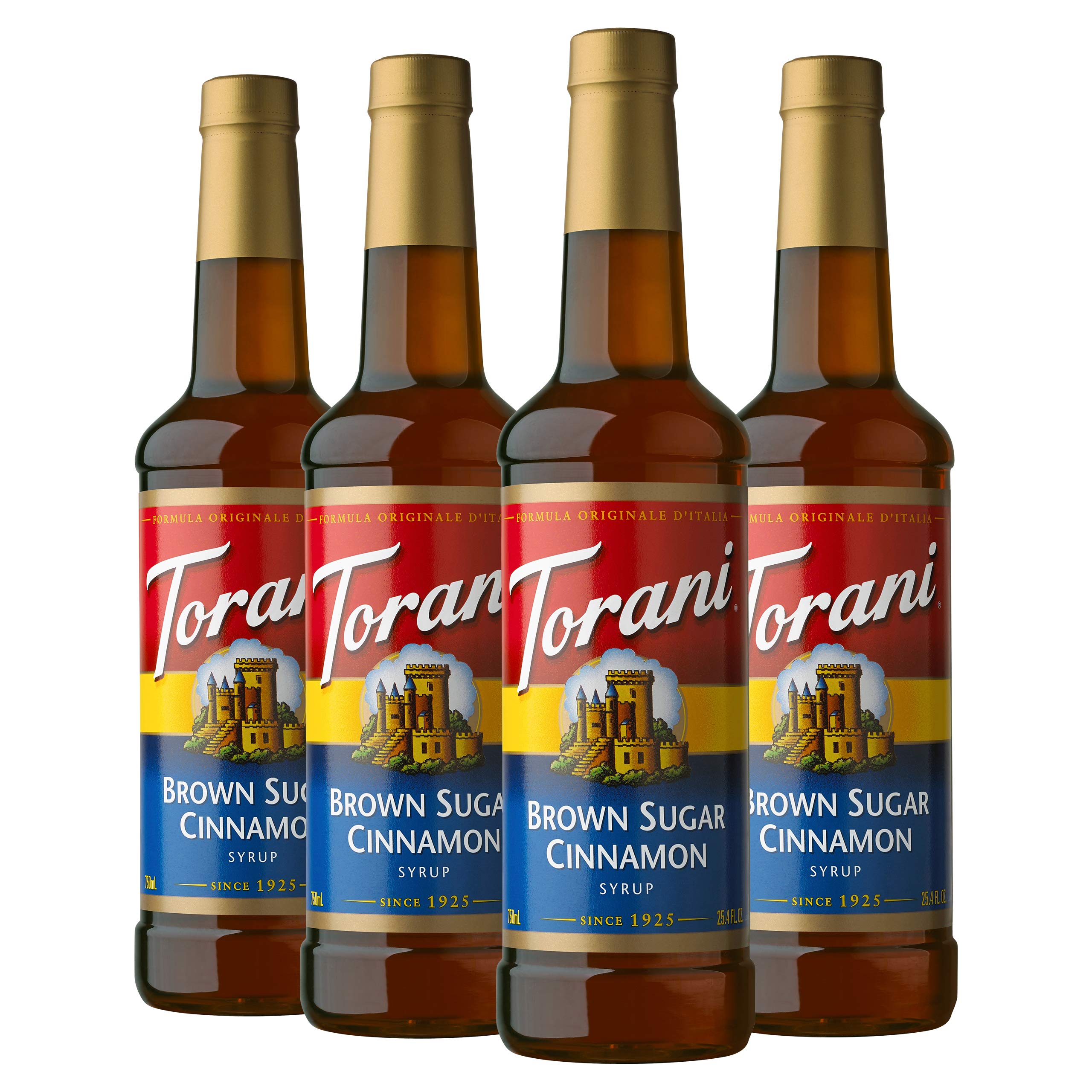 Torani Brown Sugar Cinnamon syrup bottle pour adds rich coffee flavor