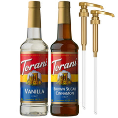 Torani Brown Sugar Cinnamon Syrup bottle pour for flavorful coffee.