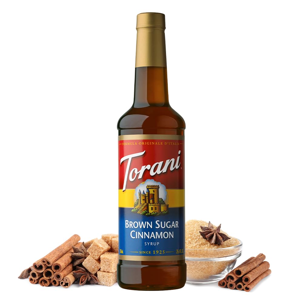Torani Brown Sugar Cinnamon syrup bottle pour adds warm spice to drinks.
