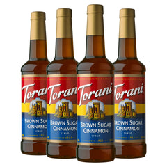 Torani Brown Sugar Cinnamon syrup bottle pour adds rich coffee flavor
