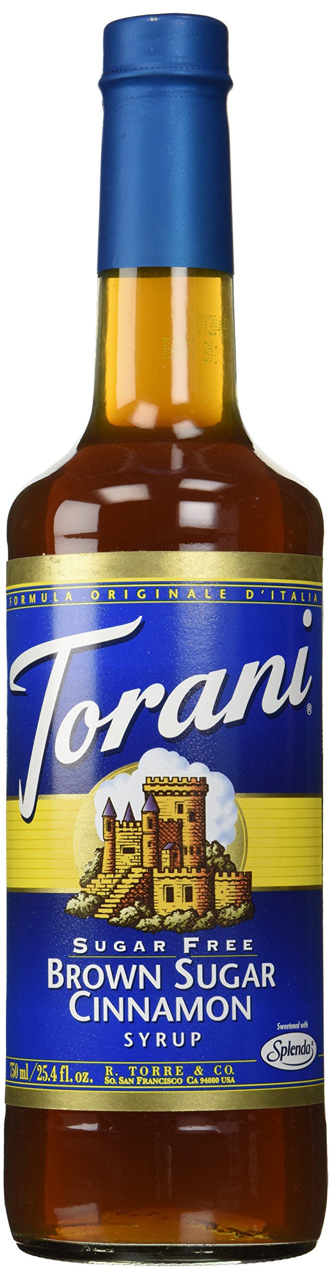 Torani Sugar Free Brown Sugar Cinnamon Syrup bottle showcasing the 750 mL packaging and flavor