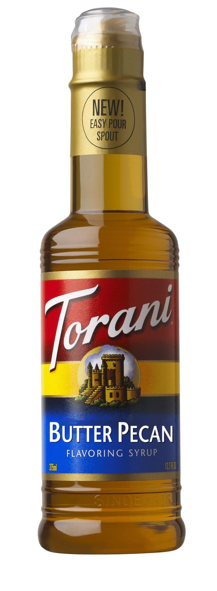 Torani Butter Pecan Syrup 4-pack bottle pour for coffee flavoring and desserts.