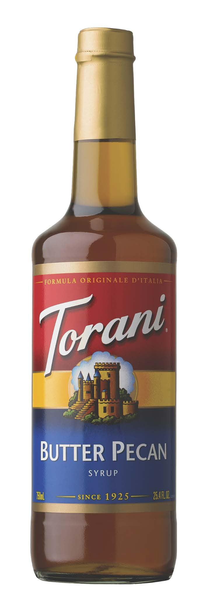 Torani Butter Pecan Syrup bottle adds rich pecan aroma to beverages.