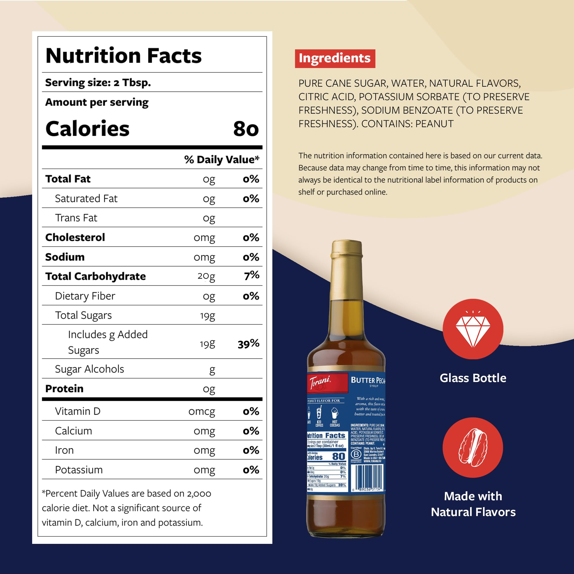 Torani Butter Pecan syrup glass bottle showcases premium packaging