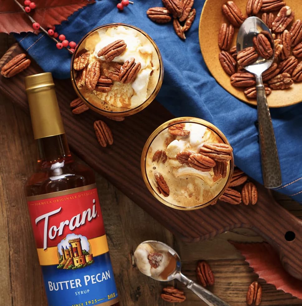 Torani Butter Pecan Syrup pour improves latte flavor with nutty notes.