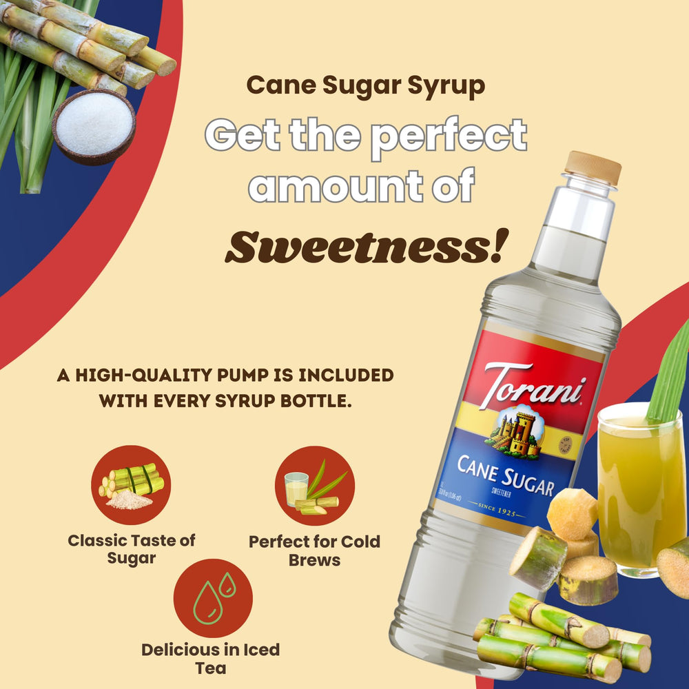 1 liter Torani Cane Sugar Syrup bottle for home or café use.