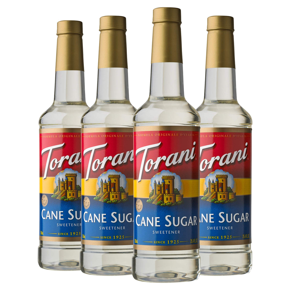 Torani cane sugar syrup bottle pouring for rich coffee and tea flavor