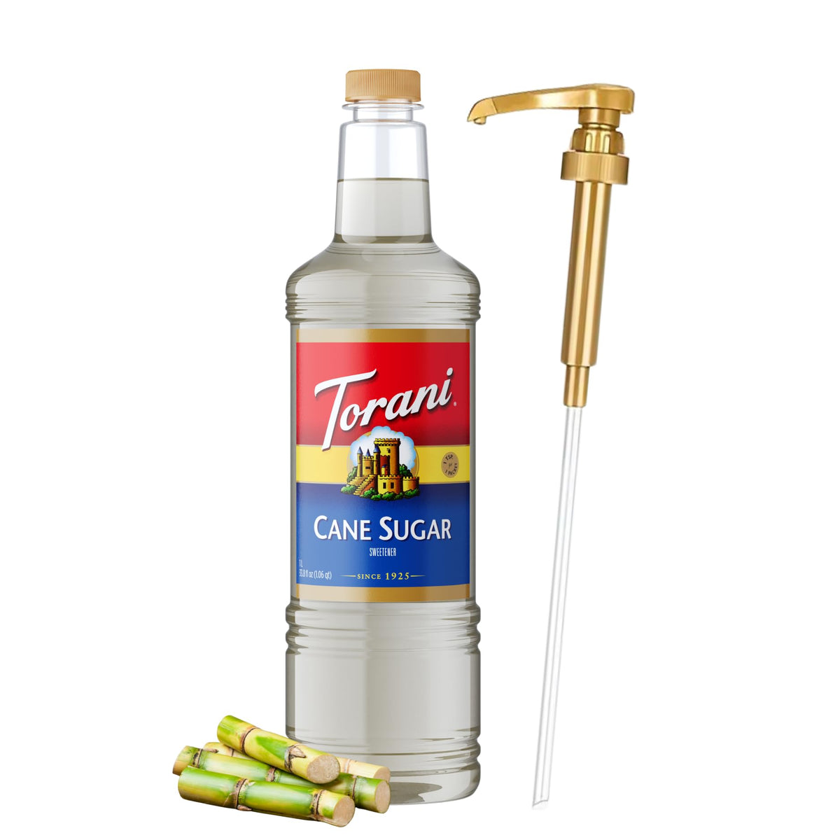 Torani Cane Sugar Syrup bottle with pump for precise, mess-free sweetness.