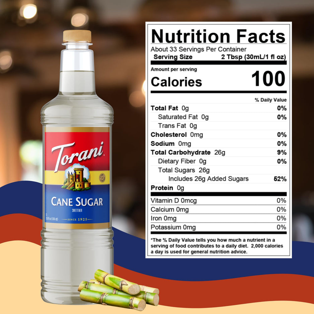 Torani Cane Sugar Syrup enhances coffee with clean, balanced sweetness.