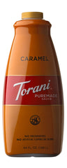 Torani Caramel Sauce 64oz bottle pour for rich beverages and desserts.